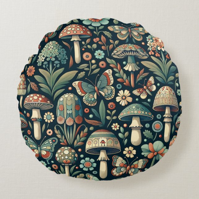 Vintage Coloured Butterflies, Mushrooms and Foliag Round Cushion (Front)