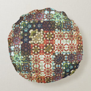 Vintage coloured opaque kaleidoscope mosaic round cushion