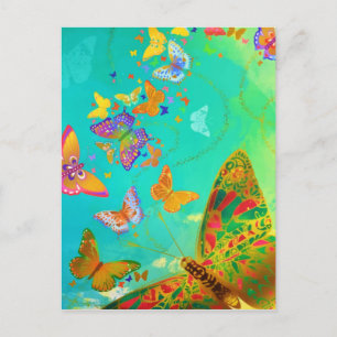Vintage Colourful Butterfly Gold Glitter Watercolo Postcard
