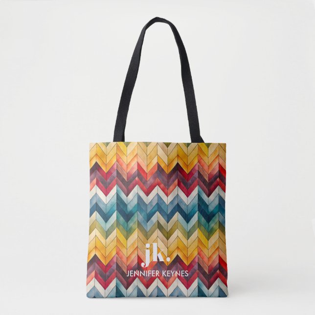 Vintage Colourful Chevron Monogram rainbow Tote Bag (Front)