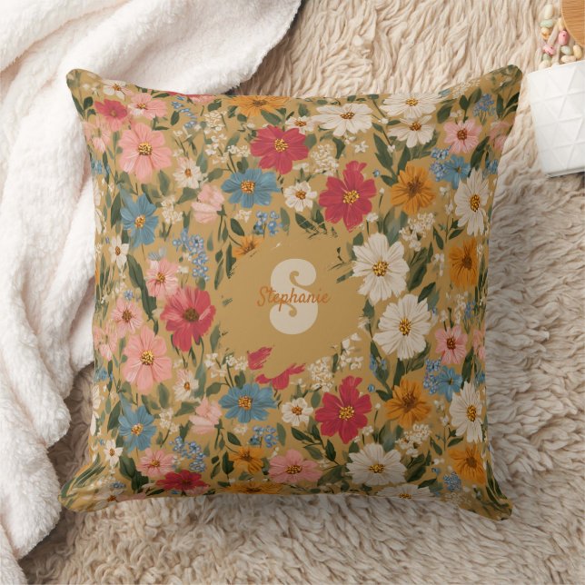 Vintage Colourful Daisy Pattern - Mustard Cushion (Blanket)