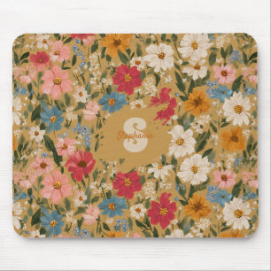 Vintage Colourful Daisy Pattern - Mustard Mouse Pad