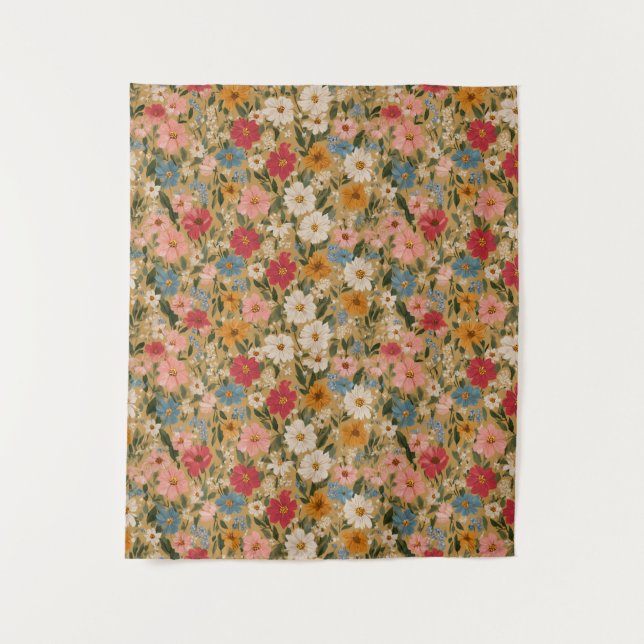 Vintage Colourful Daisy Pattern - Mustard Tapestry (Front)