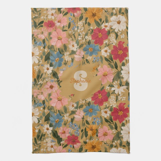 Vintage Colourful Daisy Pattern - Mustard Tea Towel (Vertical)