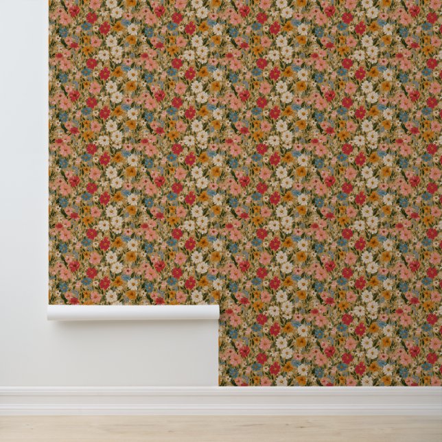 Vintage Colourful Daisy Pattern - Mustard Wallpaper (Application)