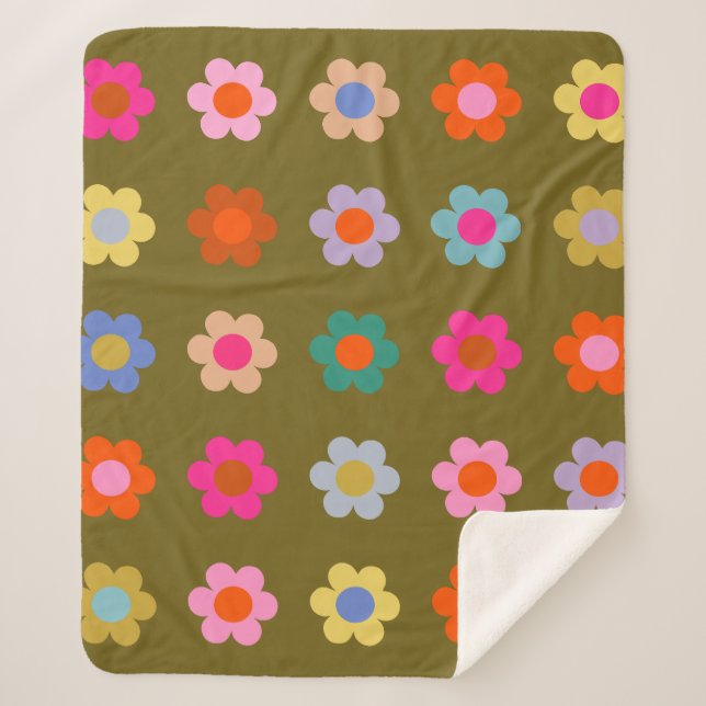 Vintage Colourful Floral Abstract Retro Flowers Sherpa Blanket (Front)