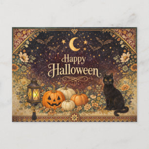 Vintage Colourful Floral Folk Art Halloween Holiday Postcard