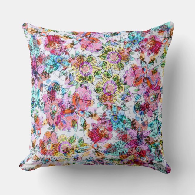 Vintage Colourful Floral Throw Pillow (Front)