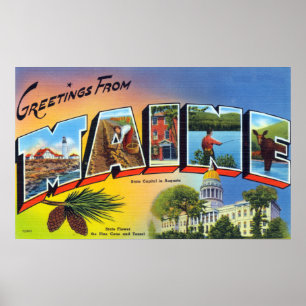Vintage Colourful Greetings From Maine Travel Poster