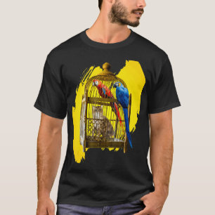 Vintage   Colourful Macaw Parrots In Cage And Cat T-Shirt
