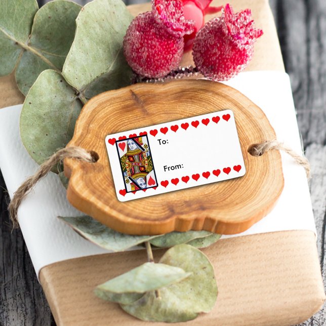 Vintage Colourful Ornate Queen of Hearts Label (Gift tag label of heart queen playing card with red hearts on white.)