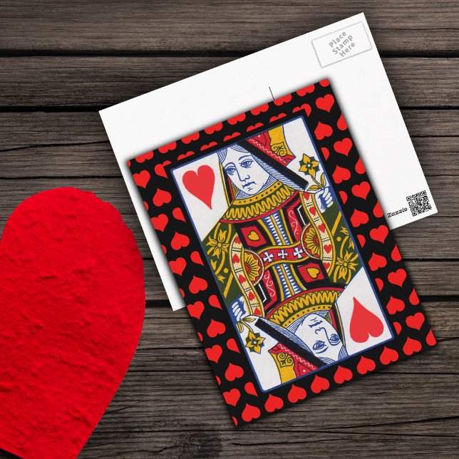 Vintage Colourful Ornate Queen of Hearts Postcard (Ornate heart queen playing card circled with red hearts on a postcard.)