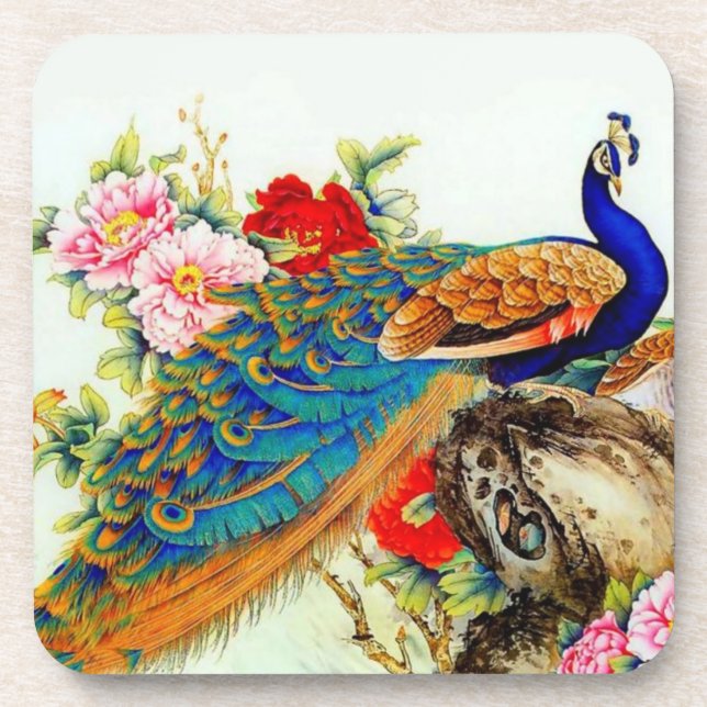 Vintage Colourful Peacock Coaster (Front)
