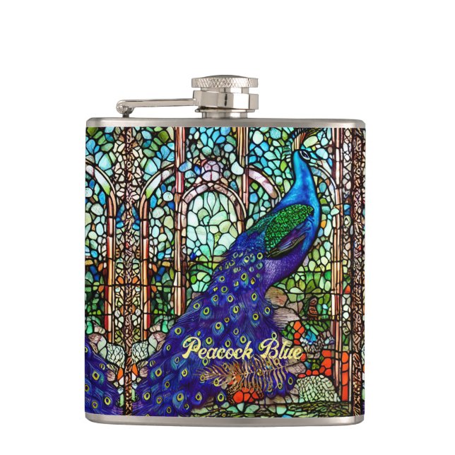 Vintage Colourful Peacock Stained Glass Hip Flask (Front)