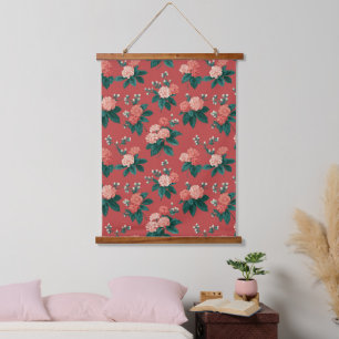 Vintage Colourful Peony Pattern - Maroon Backgroun Hanging Tapestry