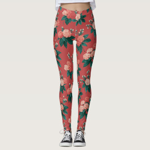 Vintage Colourful Peony Pattern - Maroon Backgroun Leggings