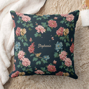 Vintage Colourful Peony Pattern on Black Backgroun Cushion