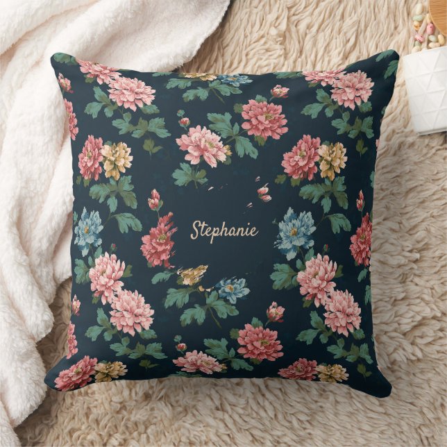Vintage Colourful Peony Pattern on Black Backgroun Cushion (Blanket)