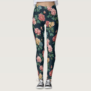Vintage Colourful Peony Pattern on Black Backgroun Leggings