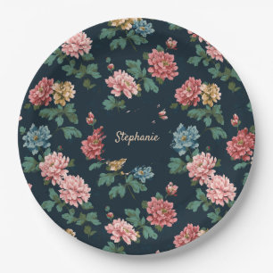 Vintage Colourful Peony Pattern on Black Backgroun Paper Plate