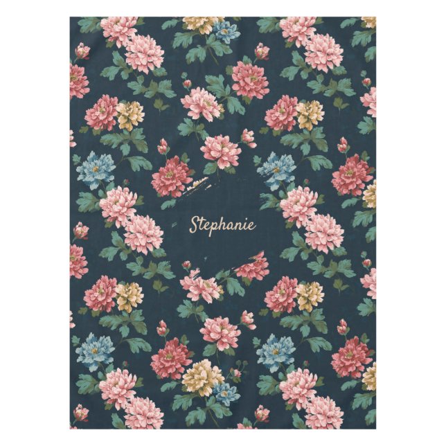 Vintage Colourful Peony Pattern on Black Backgroun Tablecloth (Front)