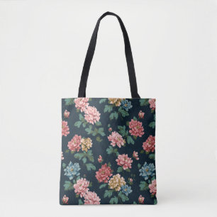 Vintage Colourful Peony Pattern on Black Backgroun Tote Bag