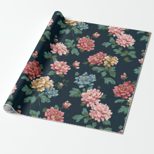 Vintage Colourful Peony Pattern on Black Backgroun Wrapping Paper