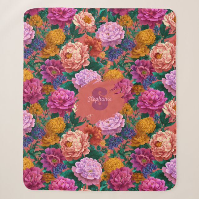 Vintage Colourful Peony Pattern Sherpa Blanket (Front)
