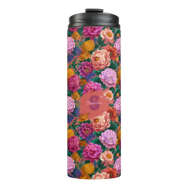 Vintage Colourful Peony Pattern Thermal Tumbler (Front)