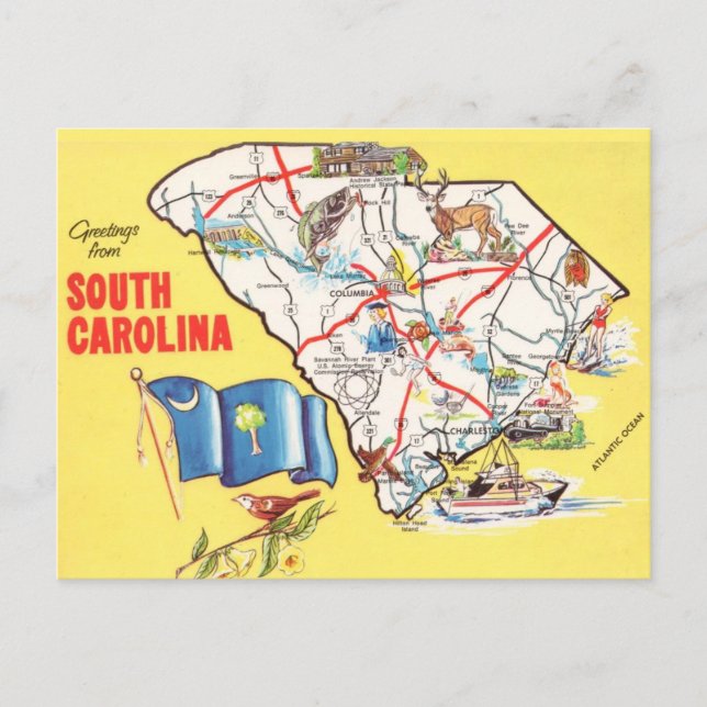 Vintage Colourful South Carolina Map Postcard (Front)