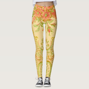 Vintage Colourful Stylised Flowers and Leaves Leggings