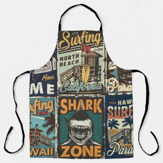 Vintage colourful surfing posters set with surf bu apron