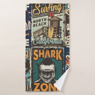 Vintage colourful surfing posters set with surf bu bath towel
