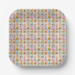 Vintage Colourful trendy Flowers pattern Birthday Paper Plate