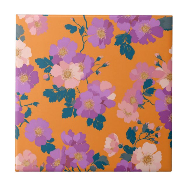 Vintage Colourful Wild Roses Pattern Tile (Front)