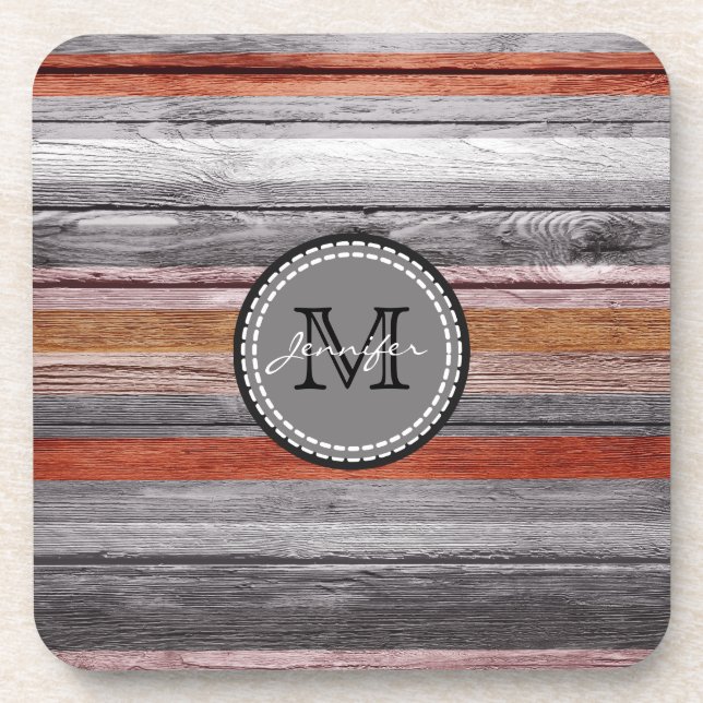 Vintage Colours Wood Look Monogram #4 Coaster (Front)