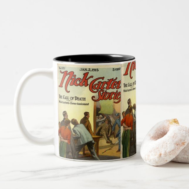 Vintage Comic Book Cover Two-Tone Coffee Mug (With Donut)