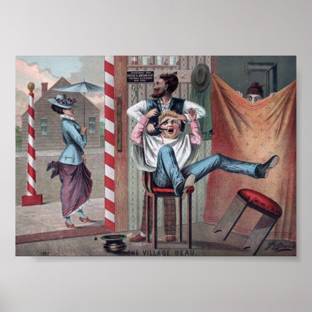 Vintage Comical Barber Shop Illustration Poster (Front)