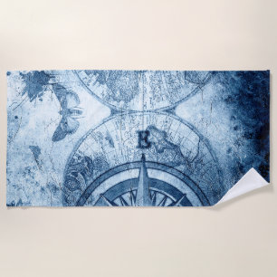 Vintage Compass   Blue Grunge Nautical Sea Chart Beach Towel