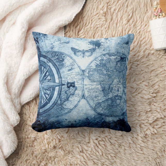 Vintage Compass | Blue Grunge Nautical Sea Chart Cushion (Blanket)