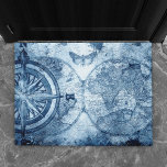 Vintage Compass | Blue Grunge Nautical Sea Chart Doormat<br><div class="desc">#abstractart Antique modern contemporary navy blue grunge abstract nautical chart featuring a compass and globe with butterflies on a water inspired textured background. This hand-painted watercolor and mixed medium gradient adds the perfect pop of colour and personal style. Easy DIY home makeover decor room facelift! #homedecor For customisations or other...</div>