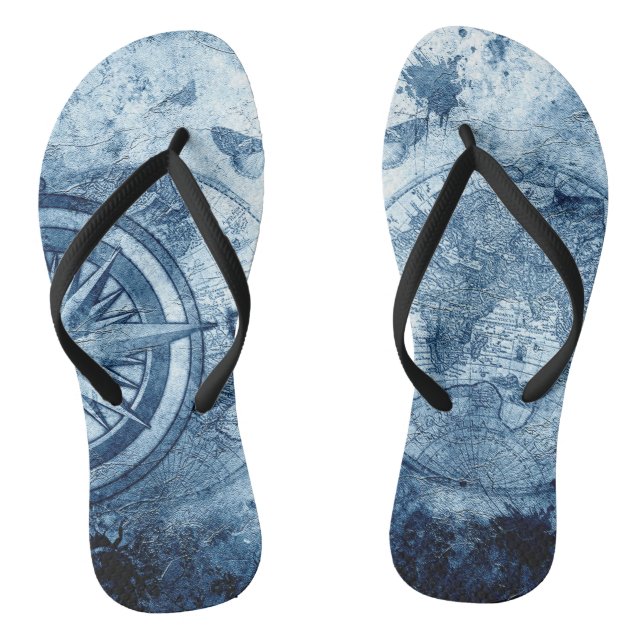 Vintage Compass | Blue Grunge Nautical Sea Chart Jandals (Footbed)