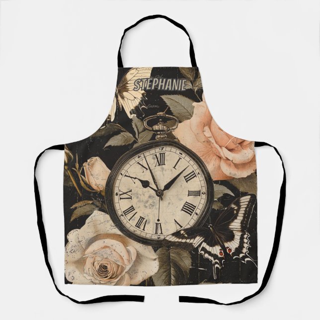 Vintage Compass Butterfly Floral Brown Apron (Front)