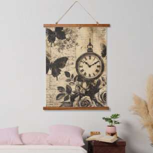 Vintage Compass & Butterfly - Rustic Paper (1) Hanging Tapestry