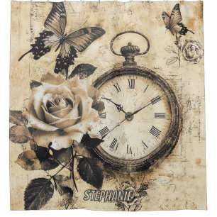Vintage Compass & Butterfly - Rustic Paper (2) Shower Curtain