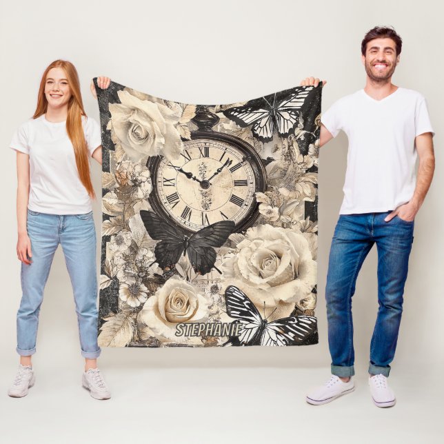 Vintage Compass & Butterfly - Rustic Paper (4) Fleece Blanket (In Situ)
