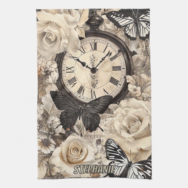 Vintage Compass & Butterfly - Rustic Paper (4) Tea Towel (Vertical)