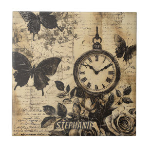 Vintage Compass & Butterfly - Rustic Paper Tile