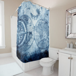 Vintage Compass Decor Blue Grunge Nautical Chart Shower Curtain