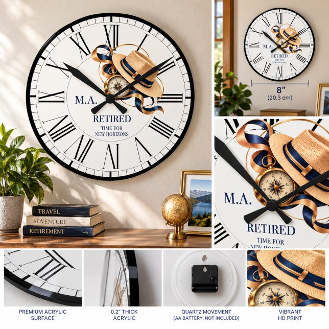 Vintage Compass Retirement Monogram Keepsake Round Clock (Creator Uploaded)
